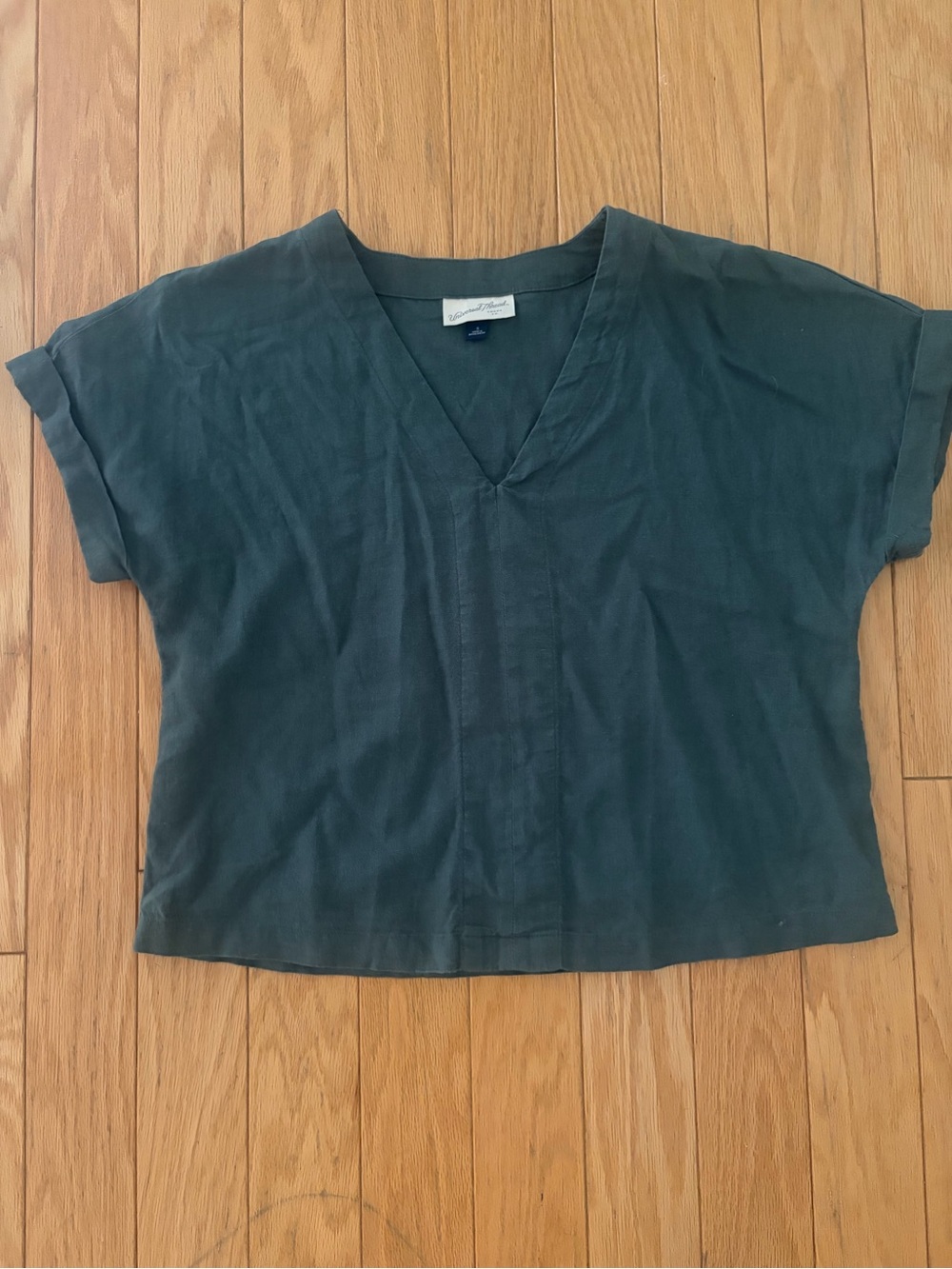 Universal Thread Linen Cotton Forest Green V-Neck Boxy Top